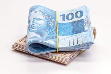 many hundred and fifty reais banknotes, brazilian money, grand prize, payment, salary, on isolated...
