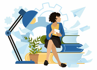 A young girl sits on big books with a macbook in her hands. The concept of self-learning. Isolated vector illustration in flat style.