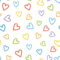 Seamless pattern with colorful hearts. Vector illustration on white background. It can be used for wallpapers, cards, wrapping, patterns for clothes and other.