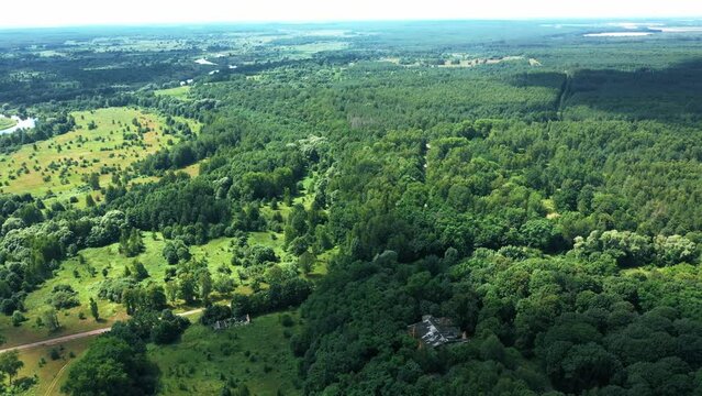4K Dziemjanki, Gomel Region, Belarus. Aerial View Of Abandoned Dilapidated Manor House Gerard Nicholas Chernobyl Resettlement Zone. Chornobyl Catastrophe Disasters. Landmark And Heritage.