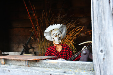 An image of a skeleton set up as an old banjo playing farmer for a Halloween display on a country...