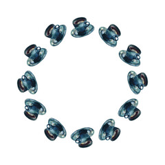 Watercolor teal coffee cup and saucer wreath, isolated on white. For cards, invitations, menu, stationery and packaging design.