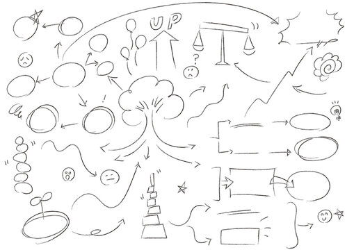 矢印、丸、星、顔文字、木で構成された脳内イメージを鉛筆で書き出したもの（マインドマップ）のベクター素材