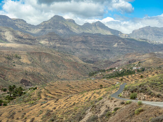 Fototapeta na wymiar View of fields and mountains near Ansite Fortress, Grand Canary Island