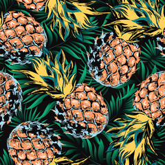 Pineapples with palm trees. Seamless pattern with ripe juicy tropical fruits and plants. Vector image. 