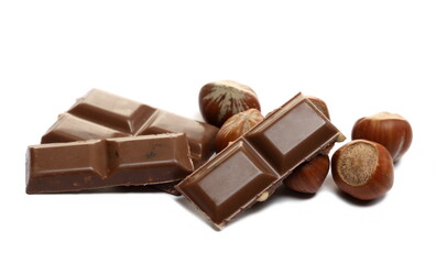 Chocolate bars with hazelnut and raisins isolated on white  