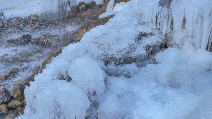 ice formations in waterfall texture, shapes, changes and magical images of nature