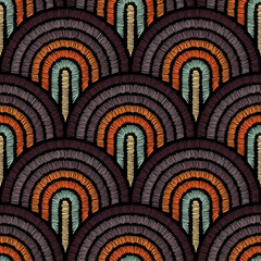 Seamless embroidered pattern. Wavy bohemian print. Patchwork ornament. Vector illustration. - 492111704