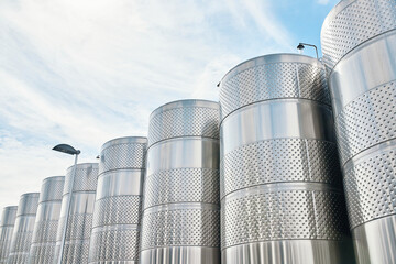 aluminum barrels containers for storage and processing of wine and grapes in production