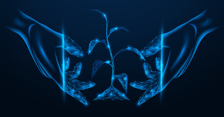 Planting a young plant in the soil. Hands protect the sprout of the tree. Low-poly design of lines and dots. Blue background.
