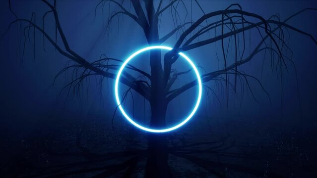A glowing circle logo frame hangs on a tree in a spooky dark misty forest