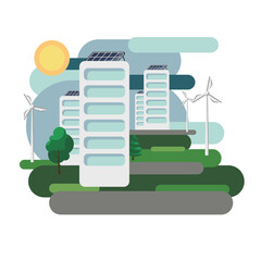 The concept of environmentally friendly alternative energy. House with solar panels and wind turbines. Vector illustration.