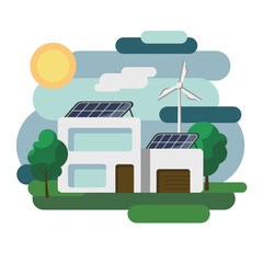 The concept of environmentally friendly alternative energy. House with solar panels and wind turbines. Vector illustration.