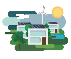 The concept of environmentally friendly alternative energy. House with solar panels and wind turbines. Vector illustration.