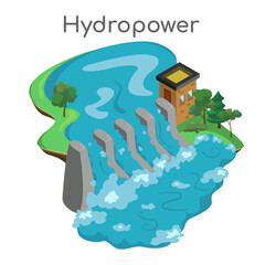 renewable energy sources. Hydroelectric power plant. Global environmental problems. Vector illustration