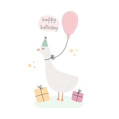 Happy birthday. cartoon goose, hand drawing lettering, decorative elements. colorful vector illustration for kids, flat style. baby design for greeting cards, print, posters, logo, cover