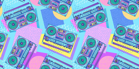 Boombox 90s style pattern. Cassette player. Retro cassette recorder. Music player. 1990s trendy illustration. Nostalgia for the 90s.