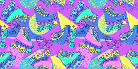 Roller skates pattern 90s illustration. Retro roller skates. 90s fashion. Disco style. 90s style vector. 1990s trendy illustration. Nostalgia for the 90s.