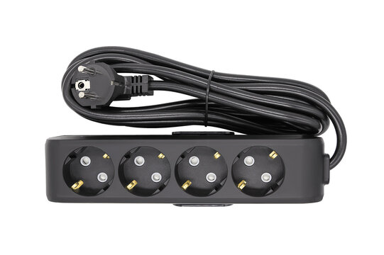 black plastic electrical extension cord for household appliances isolated on white background