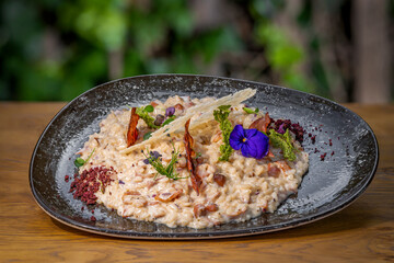 Gourmet risotto on a wooden table
