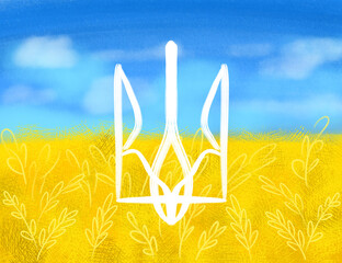 Ukraine flag digital illustration sky and field. state emblem of ukraine