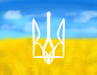 Ukraine flag digital illustration sky and field. state emblem of ukraine
