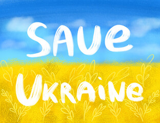 Ukraine flag digital illustration sky and field. Save Ukraine