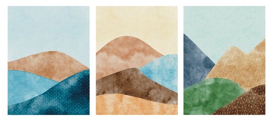 Hand Drawing Abstract Watercolor Poster set. Green, brown, sand, blue Mountains. For background, poster, business card, invitation, design, invitation, interior, banner