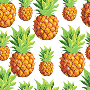 Pineapples with palm trees. Seamless pattern with ripe juicy tropical fruits and plants. Vector image. 
