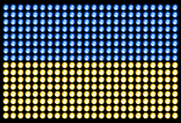 Flag of Ukraine, made of led bulbs, alligned on a grid, isolated on black
