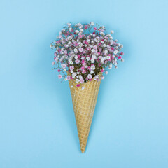Cute flowers in the waffle cone on blue background.