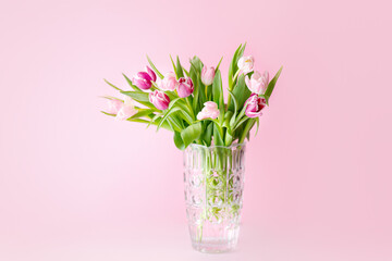 spring tulips on pink background. Greeting card for mothers day