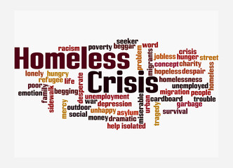 Fototapeta na wymiar Word Cloud with HOMELESS CRISIS concept, isolated on a white background
