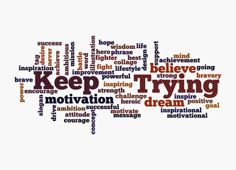 Word Cloud with KEEP TRYING concept, isolated on a white background