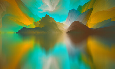 Naklejka na ściany i meble Landscape of surreal lake. Magical Abstract world. 3d illustration