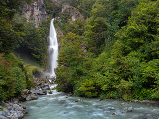 Waterfalls and cascades on scenic road to the Exploradores Glacier ion the slopes of Monte San...
