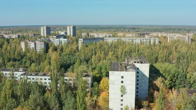 Aerial view of Pripyat Chernobyl Nuclear Power Plant. High quality 4k footage