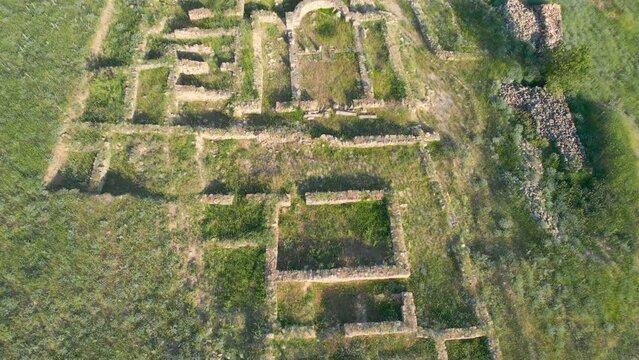 Aerial view of archaeological site, ruins of ancient town and church basilica, Bargala, Stip, Macedonia