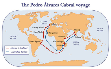 Map with the route of Pedro Alvares Cabral voyage