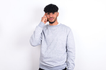 young arab man with curly hair wearing sport sweatshirt
over white background tries to memorize...