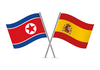 North Korea and Spain crossed flags. North Korean and Spanish flags isolated on white background. Vector icon set. Vector illustration.