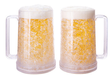 Two full beer mugs with beer and foam and ergonomic handle isolated on white background with copy space