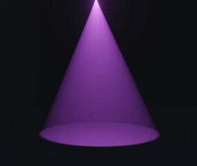 Purple light cone spotlight template. Cone of neon lamp 3d render illuminates round empty area. Decoration of solemn interior and presentation - obrazy, fototapety, plakaty