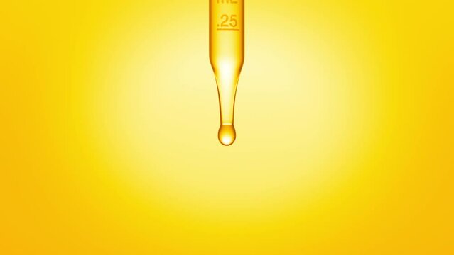 Close up macro shot of transparent fluid is dripped from graduated lab dropper on yellow background | Abstract skincare serum ingredients formulating concept