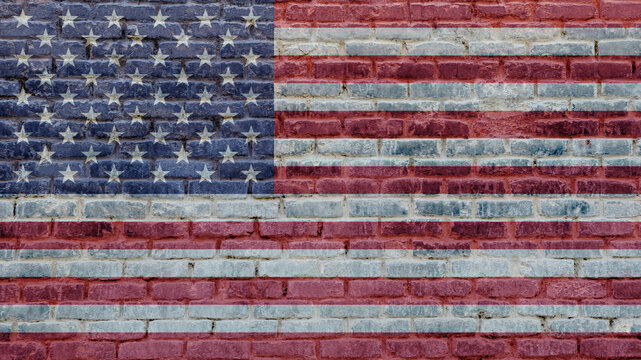 Flags of USA on brick wall background. Stone bricks texture with American banner