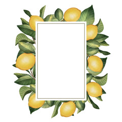 Hand drawn frame of watercolor lemon. Watercolor illustration wreath of lemon and leaves. 