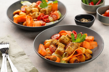 Sweet potato gnocchi with teriyaki tofu with indonesian vegetable salad gado gado - carrots, cucumbers, tomatoes, coriander, sesame seeds and peanut butter dressing in a grey bowl