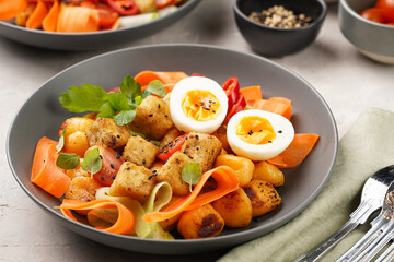 Sweet potato gnocchi with teriyaki tofu with indonesian vegetable salad gado gado - carrots, cucumbers, tomatoes, coriander, sesame seeds, boiled eggs and peanut butter dressing in a grey bowl