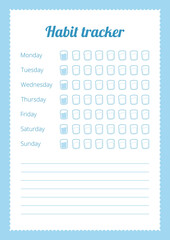 Habit tracker concept. Water tracker balance vector calendar. Printable template. Page for effective planning. Paper sheet. Vector illustration.
