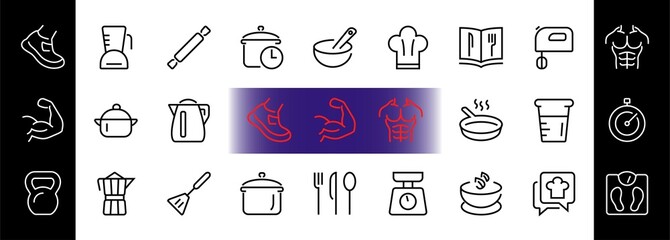 Set of icons for cooking and kitchen, vector lines, contains icons such as a knife, saucepan, boiling time, mixer, scales, recipe book. Editable stroke, perfect 480x480 pixels, white background